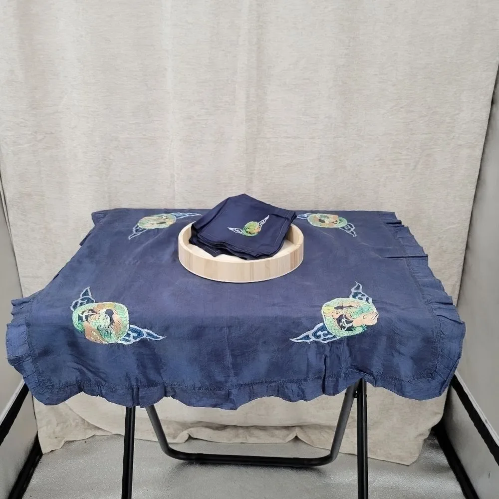 Silk Asian Fire Dragon Table Blue Embroidered Table Scarf and 4 Napkins